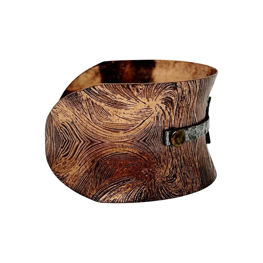 Copper Cuff Bracelet Riveted Silver Cross Textured Patina Mixed Metal - Picture 3 of 6